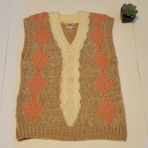 Vintage | 90s Preppy Tan + Pink Chunky Knit Sweater Vest